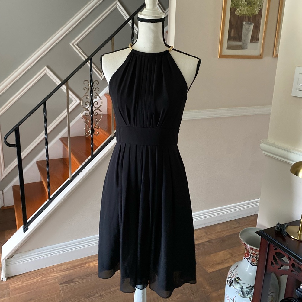 White House Black Market Black Halter Dress with Gold Ring